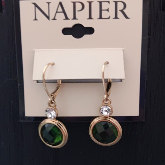 NAPIER Contemporary Gold Green & Clear Crystal Drop Earrings**NEW! - Picture 1 of 2